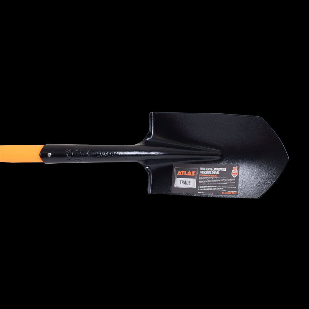 ATLAS Trenching Shovel with long fibreglass handle; durable tempered steel head for efficient trenching and digging.