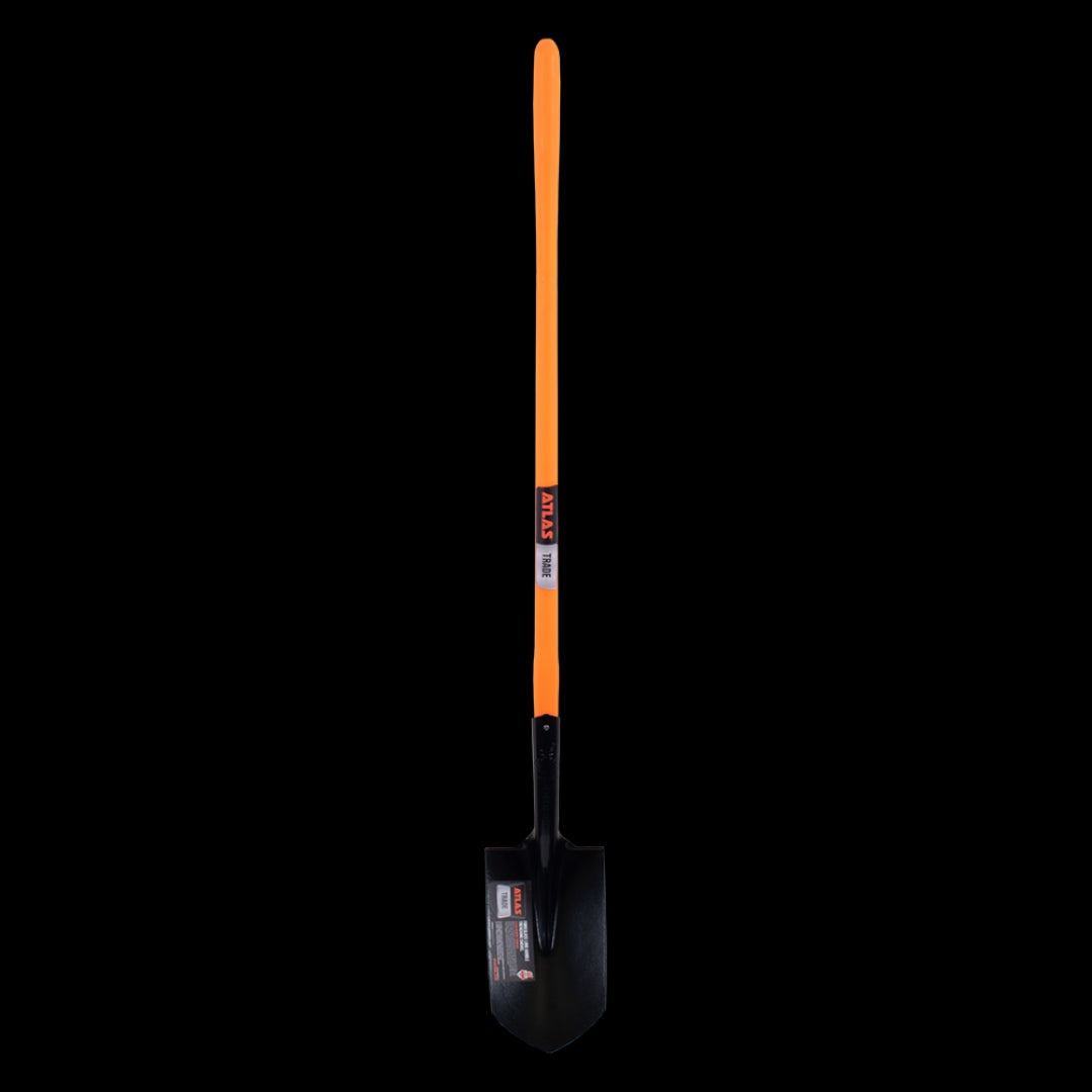 ATLAS Trenching Shovel with long fibreglass handle and durable tempered steel head for efficient trenching and gardening tasks.