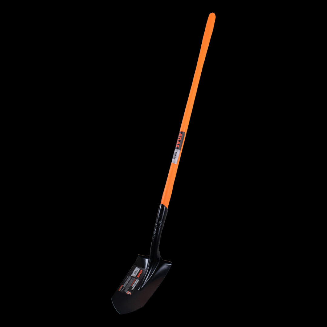 ATLAS Trenching Shovel with long fibreglass handle, designed for precise trenching and durable tempered steel head.