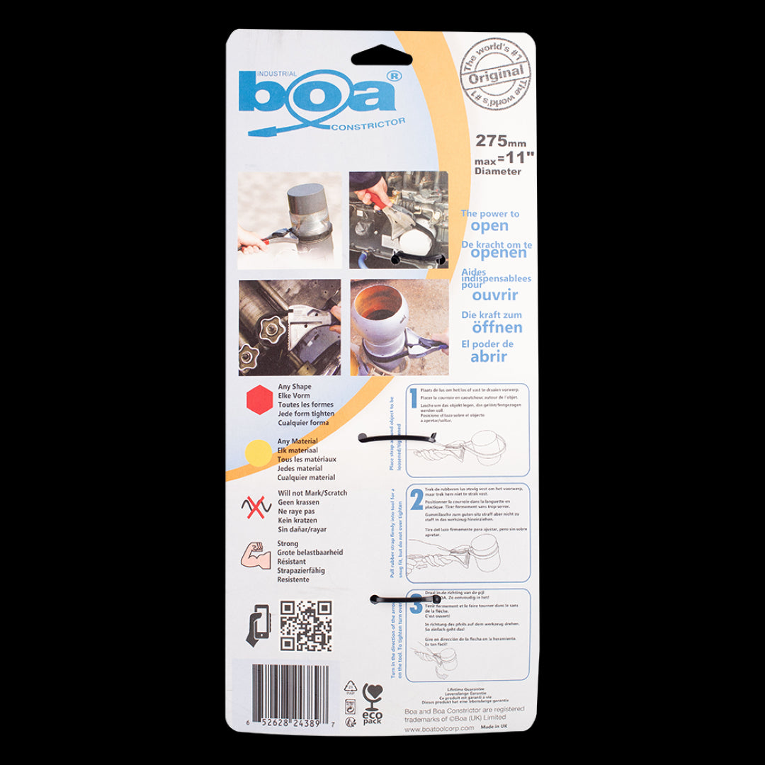 BOA 275mm Aluminium Constrictor Strap Wrench with flexible rubber strap for safe gripping of delicate surfaces.