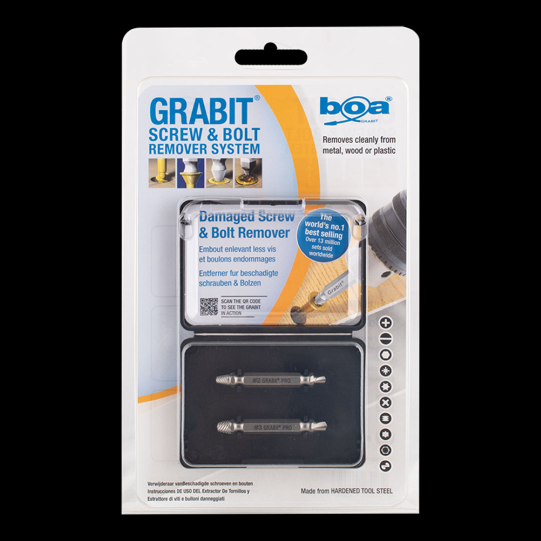 BOA GRABIT® Screw & Bolt Remover Set with hardened steel extractors for easy removal of rusted or damaged screws.