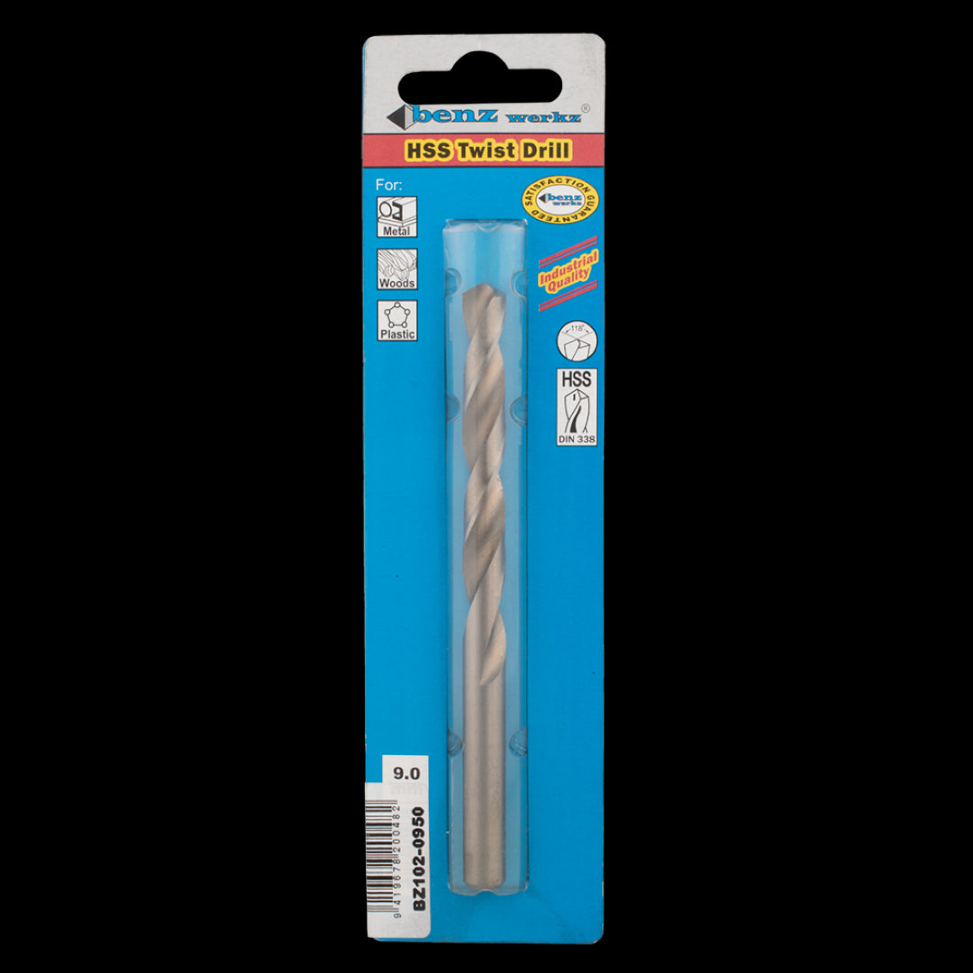 BENZ WERKZ 9.5mm HSS Twist Drill Bit designed for precision drilling in metal, wood, and plastic with a 118-degree tip angle.