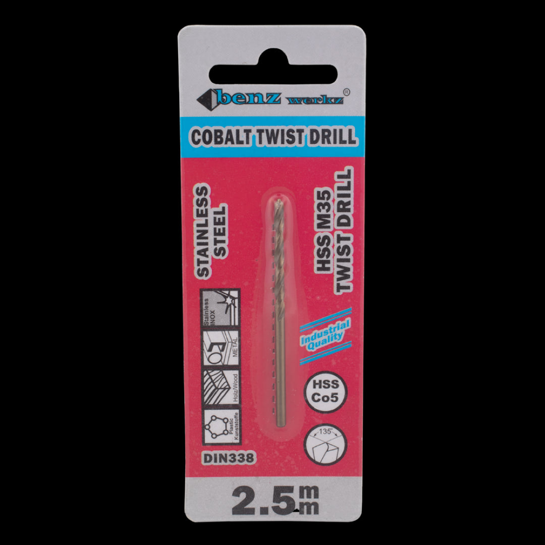 BENZ WERKZ 2.5mm Cobalt Twist Drill Bit, crafted for precision drilling in metal, wood, and plastic with a 135-degree tip angle.
