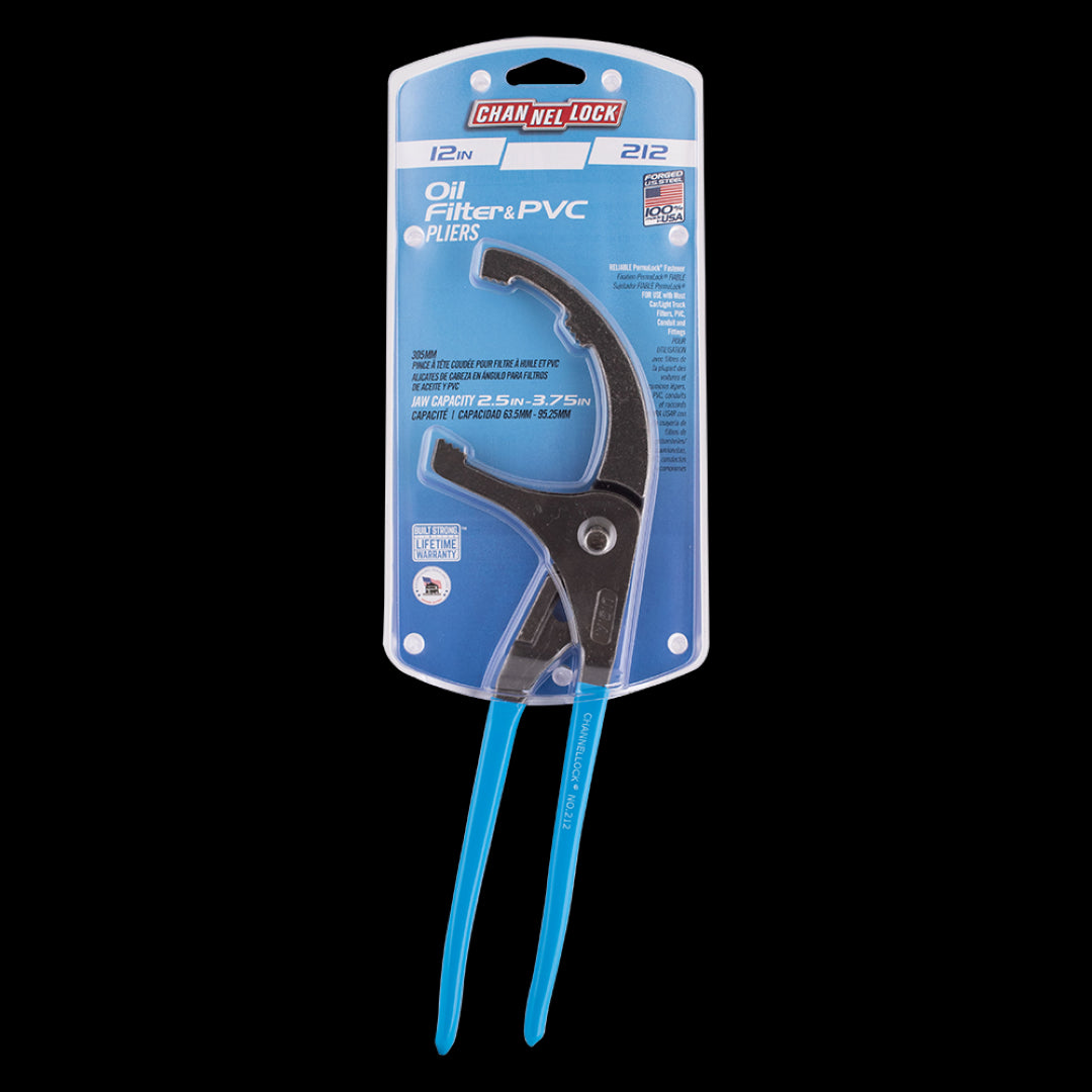 CHANNELLOCK 305mm oil filter and PVC pliers with rust-resistant high carbon steel, featuring Safe-T-Stop for safety.