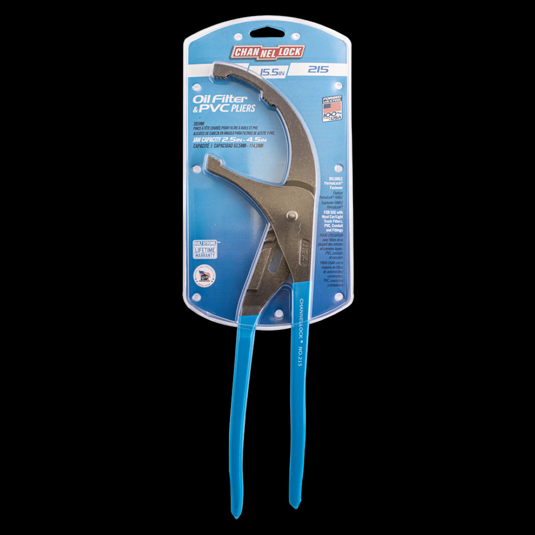 ChannelLock 395mm Oil Filter/PVC Plier with adjustable jaw, rust-resistant coating, and Safe-T-Stop design for safe handling.