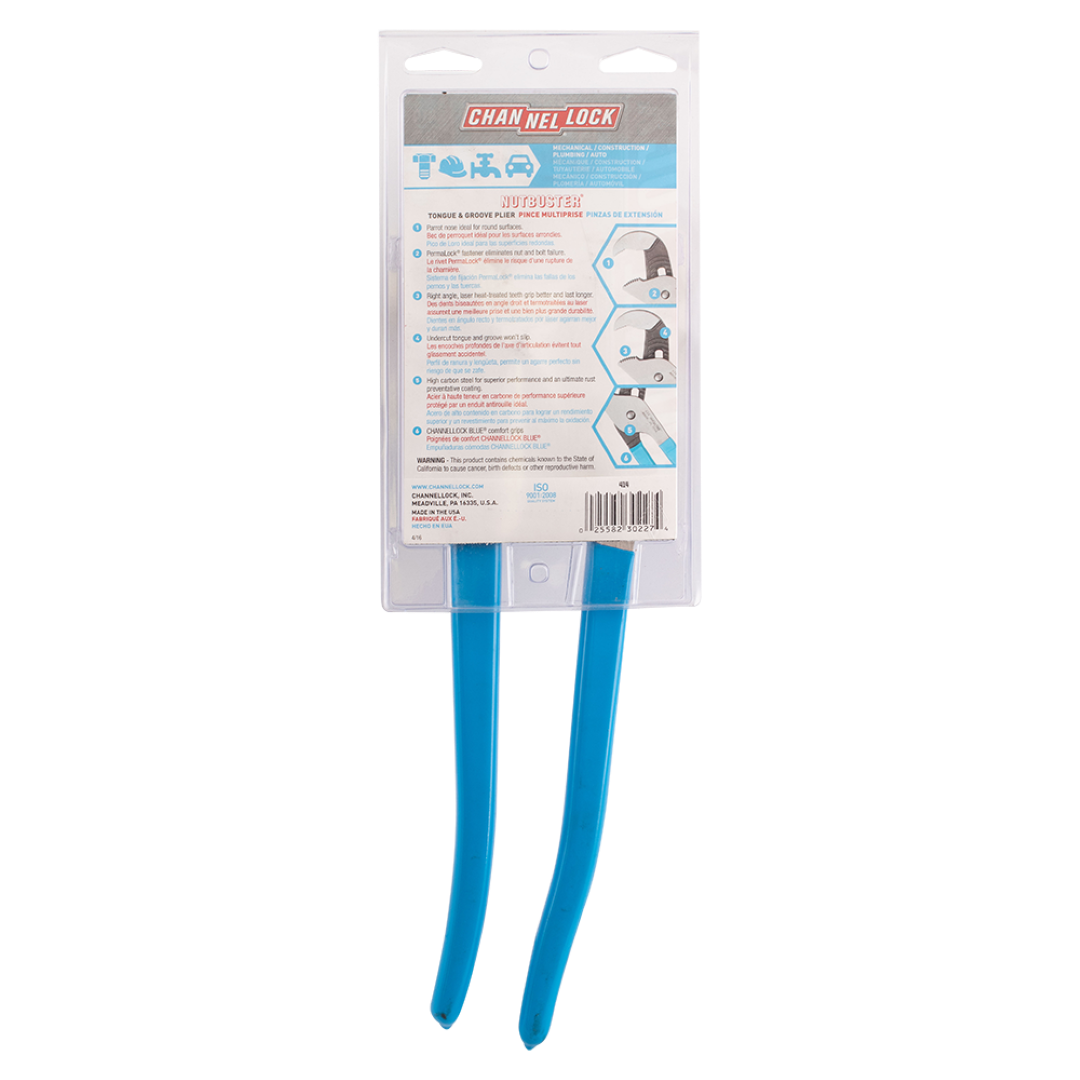 CHANNELLOCK 345mm Nutbuster plier features parrot jaws for round surfaces, laser-hardened teeth, and safety pinch-stop.