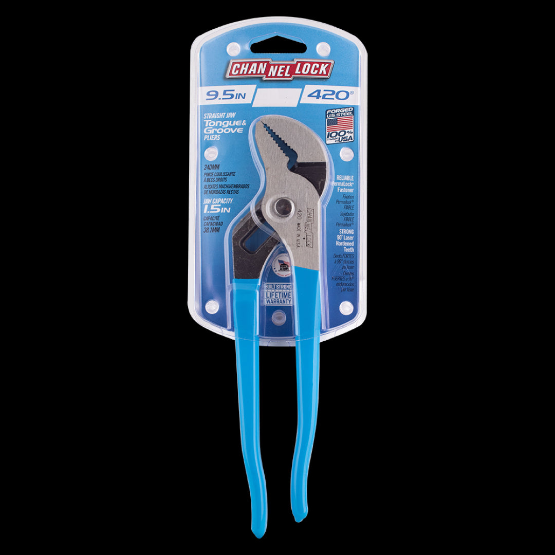 CHANNELLOCK 240mm Straight Jaw Tongue & Groove Plier featuring durable steel construction, ergonomic handle, and laser-hardened grip.