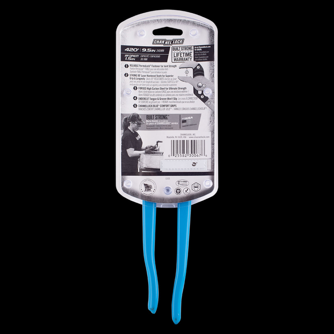 CHANNELLOCK 240mm Straight Jaw Tongue & Groove Plier, durable with rust-resistant steel and ergonomic blue grip for comfort.