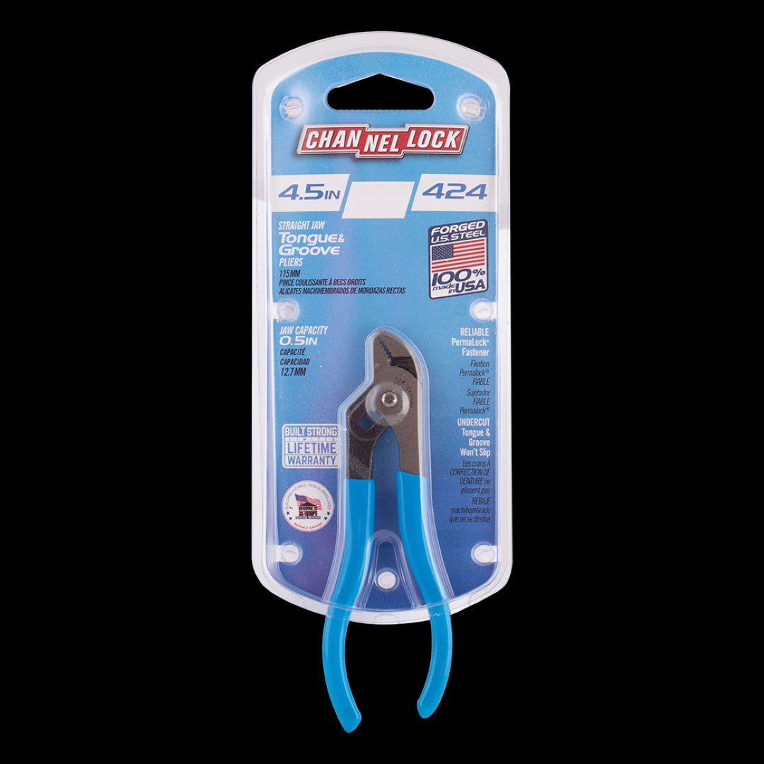 CHANNELLOCK 115mm Straight Jaw Tongue & Groove Plier with ergonomic blue grips and laser-hardened teeth for superior grip.
