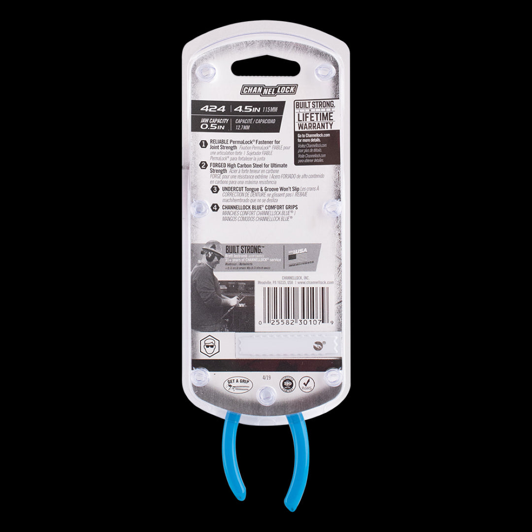 CHANNELLOCK 115mm pliers with straight jaws, Permalock fastener, ergonomic blue grips, and laser-hardened teeth for durability.