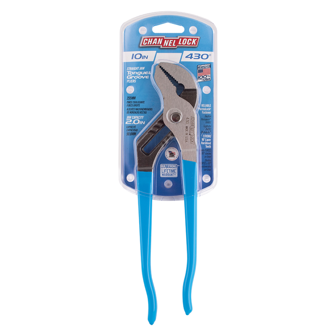 CHANNELLOCK 255mm Straight Jaw Tongue & Groove Plier with durable steel, laser-hardened teeth, and comfortable blue grips.