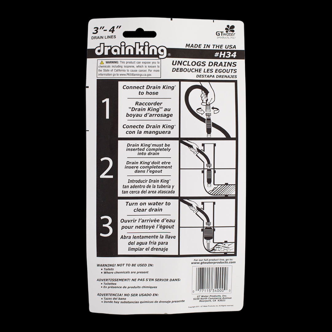 DRAIN KING Drain Cleaning Bladder for 75mm-100mm pipes, features water-powered jets for effective unclogging up to 1000 feet.