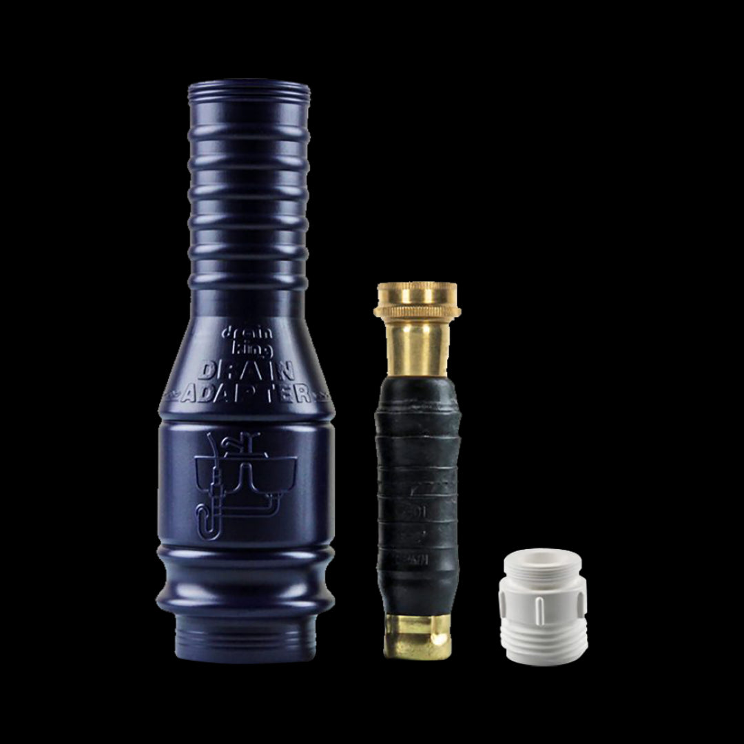 DRAIN KING Water Powered Drain Cleaning Kit efficiently unclogs drains 25mm-50mm, featuring a powerful water bladder and accessories.