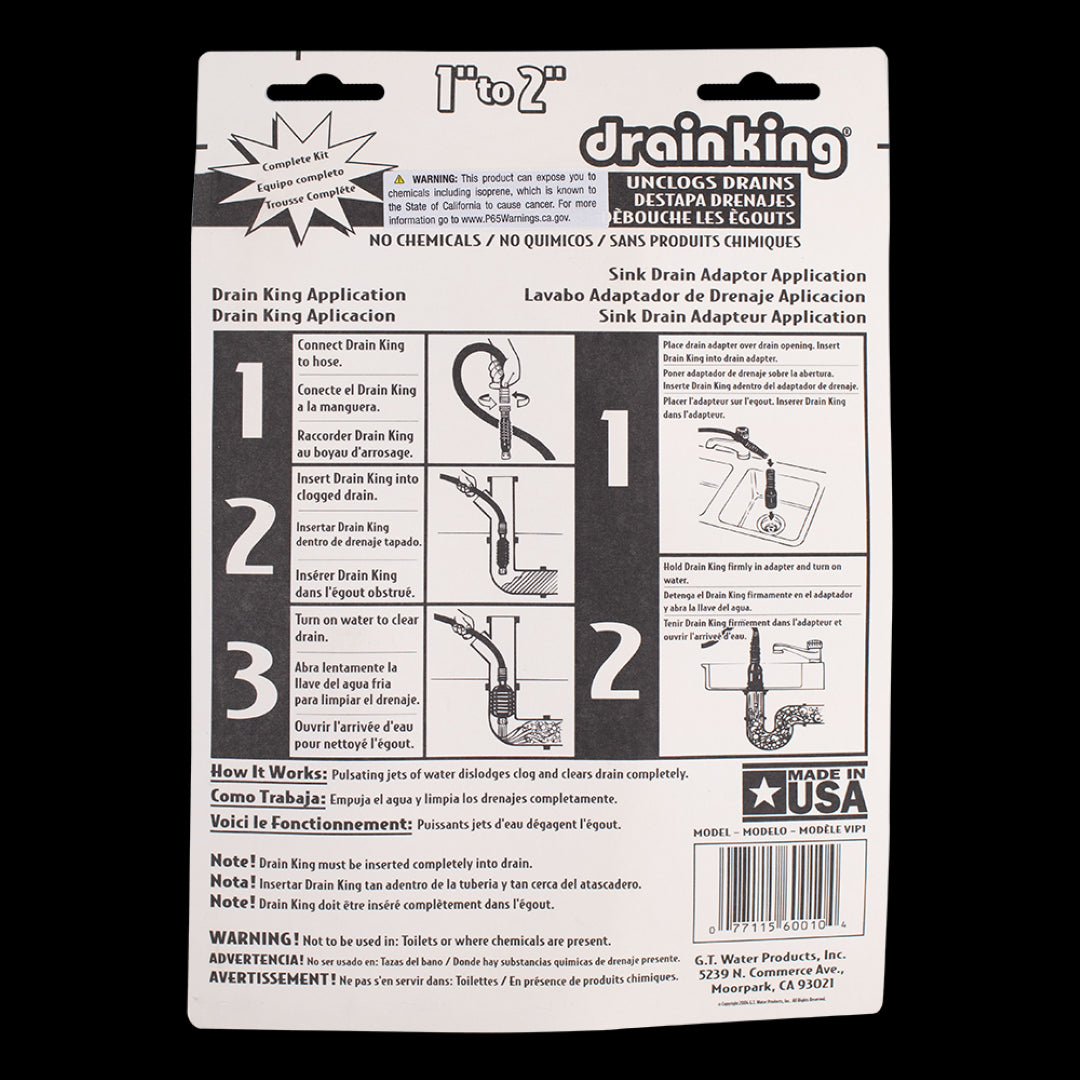 DRAIN KING Water Powered Drain Cleaning Kit efficiently unclogs drains using water pressure, compatible with 25mm-50mm pipes.