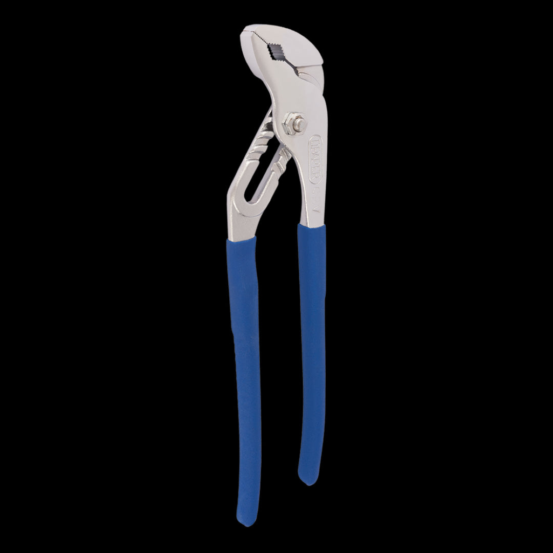 Draper 300mm Water Pump/Groove Joint Plier with chrome vanadium steel, cushion grip handles, and no-nip feature for comfort.
