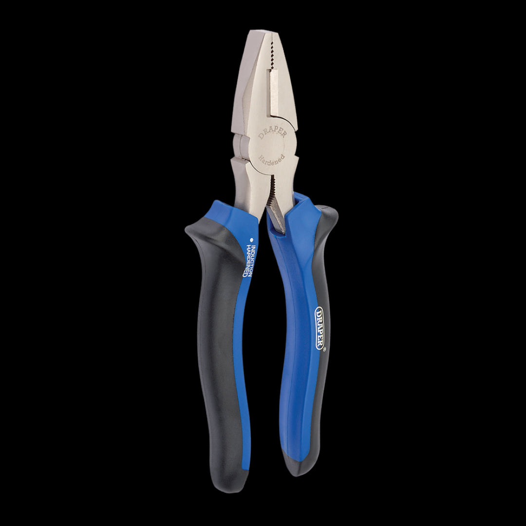 Draper 180mm linesman plier with soft grip handles, carbon steel, rust-resistant, for gripping and cutting wires.