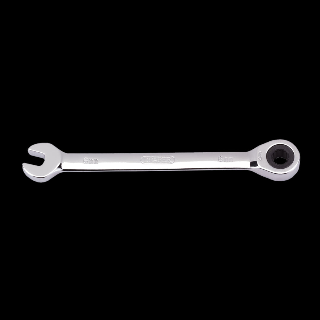 Draper 6mm ratcheting combination spanner, designed for precision with ergonomic grip and durable chrome vanadium steel.