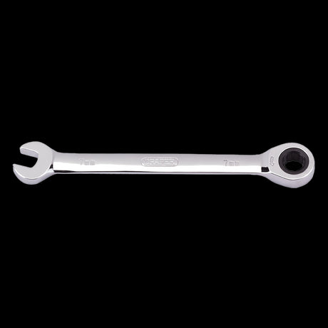 DRAPER 7mm Ratcheting Combination Spanner, durable chrome vanadium steel, 72-tooth ratchet for efficient fastening in tight spaces.