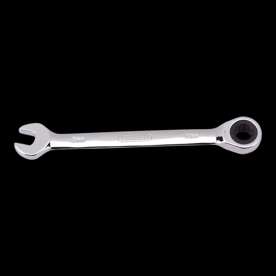 DRAPER 8mm Ratcheting Combination Spanner, chrome vanadium steel, unique ratcheting design for efficient tightening and loosening.