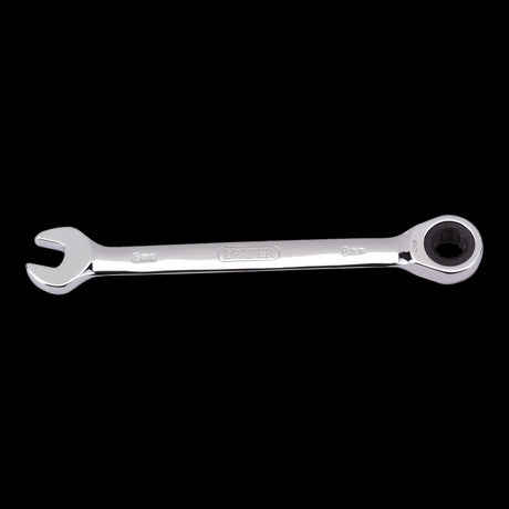 DRAPER 8mm Ratcheting Combination Spanner, chrome vanadium steel, unique ratcheting design for efficient tightening and loosening.