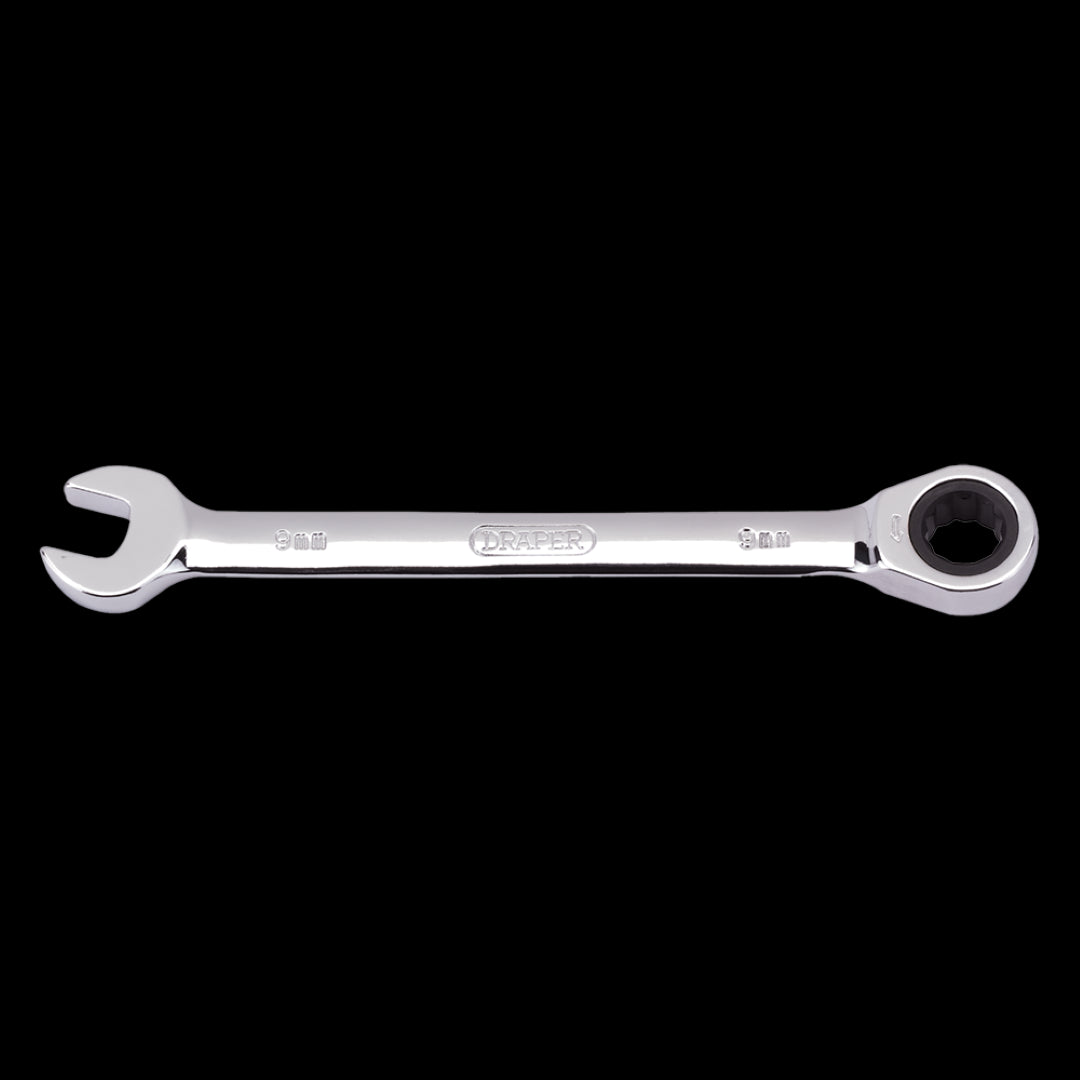 DRAPER 9mm Ratcheting Combination Spanner, premium chrome vanadium steel, ideal for automotive and home maintenance tasks.