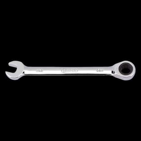 DRAPER 9mm Ratcheting Combination Spanner, premium chrome vanadium steel, ideal for automotive and home maintenance tasks.