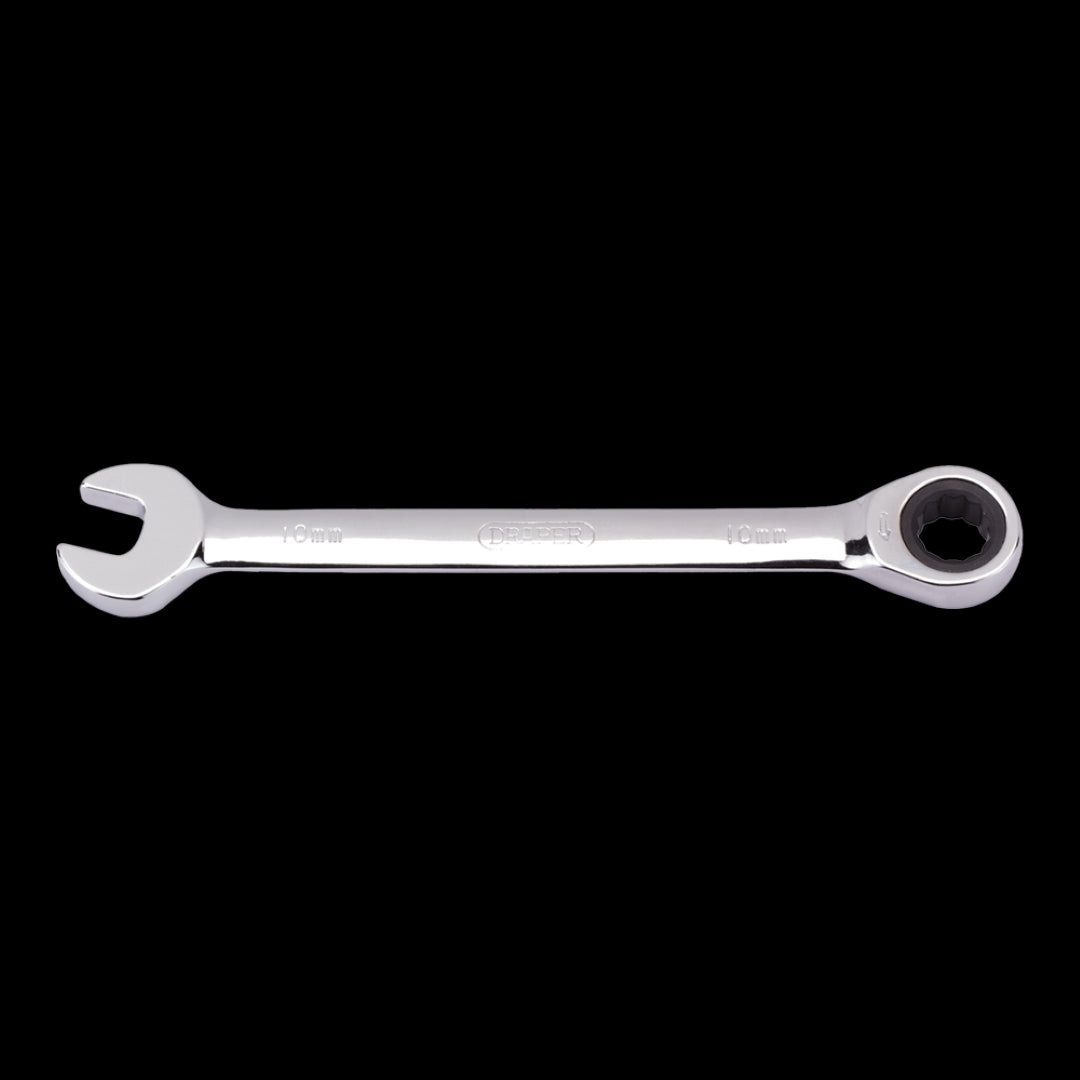 DRAPER 10mm Ratcheting Combination Spanner with ergonomic grip, durable chrome vanadium steel, perfect for tight spaces.