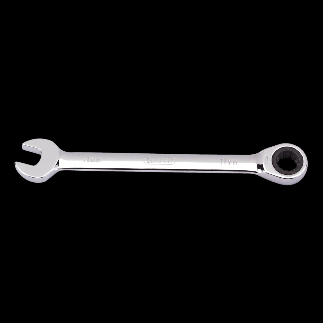 DRAPER 11mm Ratcheting Combination Spanner in chrome vanadium steel, designed for efficient fastener work in tight spaces.