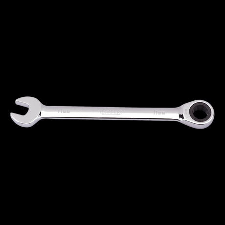 DRAPER 11mm Ratcheting Combination Spanner in chrome vanadium steel, designed for efficient fastener work in tight spaces.