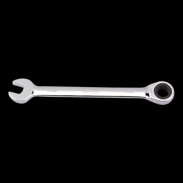 DRAPER 11mm Ratcheting Combination Spanner in chrome vanadium steel, designed for efficient fastener work in tight spaces.