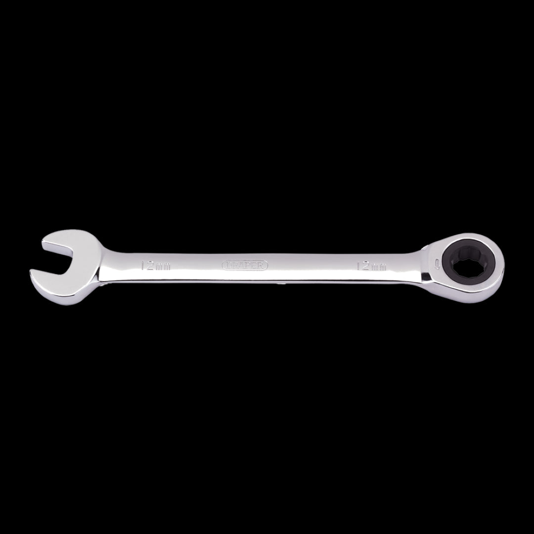DRAPER 12mm Ratcheting Combination Spanner: durable chrome vanadium steel, ergonomic design, ideal for mechanical and DIY tasks.