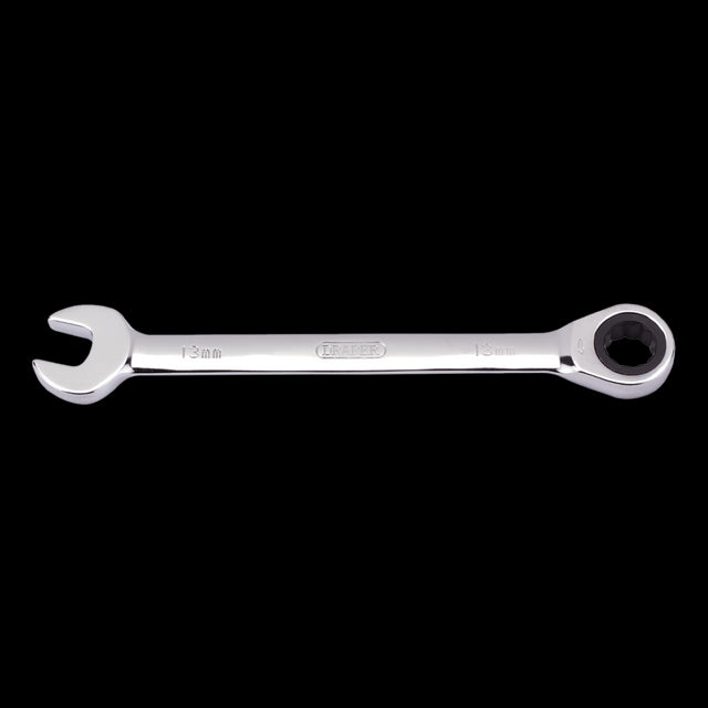 DRAPER 13mm Ratcheting Combination Spanner in chrome vanadium steel for efficient repairs with versatile ratcheting design.