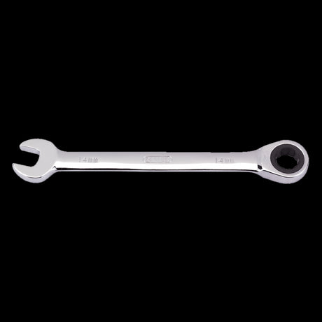 DRAPER 14mm ratcheting combination spanner, crafted from chrome vanadium steel for durability and versatility in tight spaces.