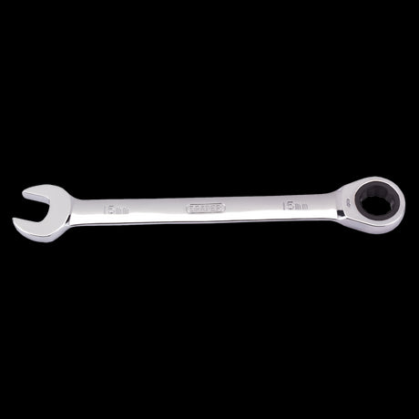 DRAPER 15mm Ratcheting Combination Spanner with a slim profile for tight spaces, crafted from durable chrome vanadium steel.