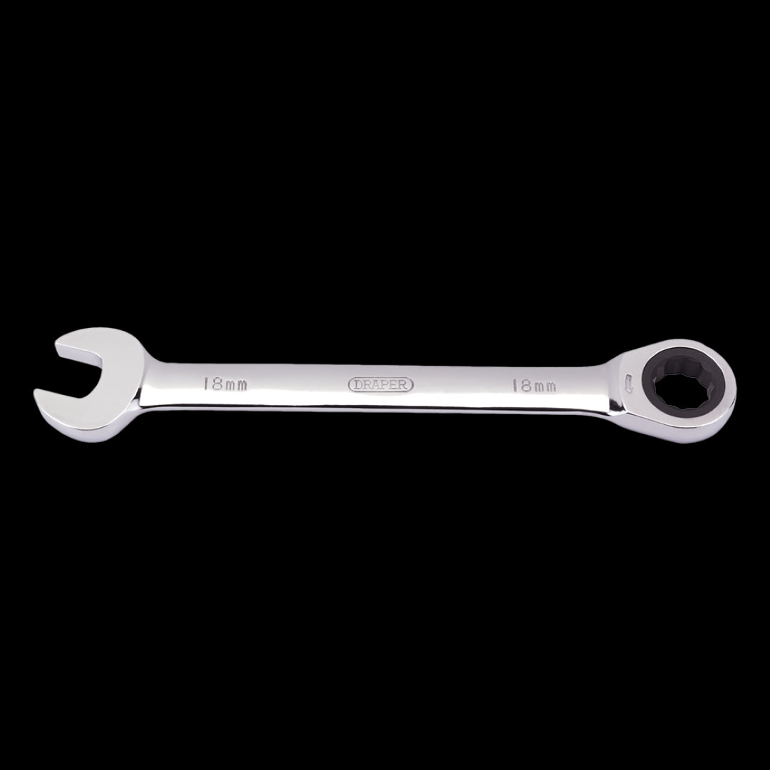 DRAPER 18mm Ratcheting Combination Spanner with chrome vanadium steel, polished finish, and innovative ratcheting mechanism.