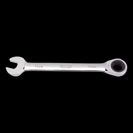 DRAPER 18mm Ratcheting Combination Spanner with chrome vanadium steel, polished finish, and innovative ratcheting mechanism.