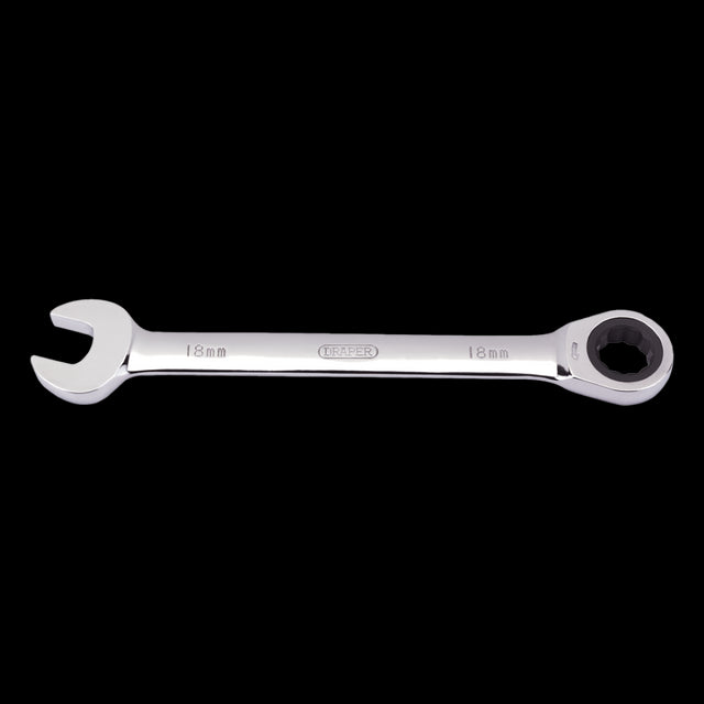 DRAPER 18mm Ratcheting Combination Spanner with chrome vanadium steel, polished finish, and innovative ratcheting mechanism.
