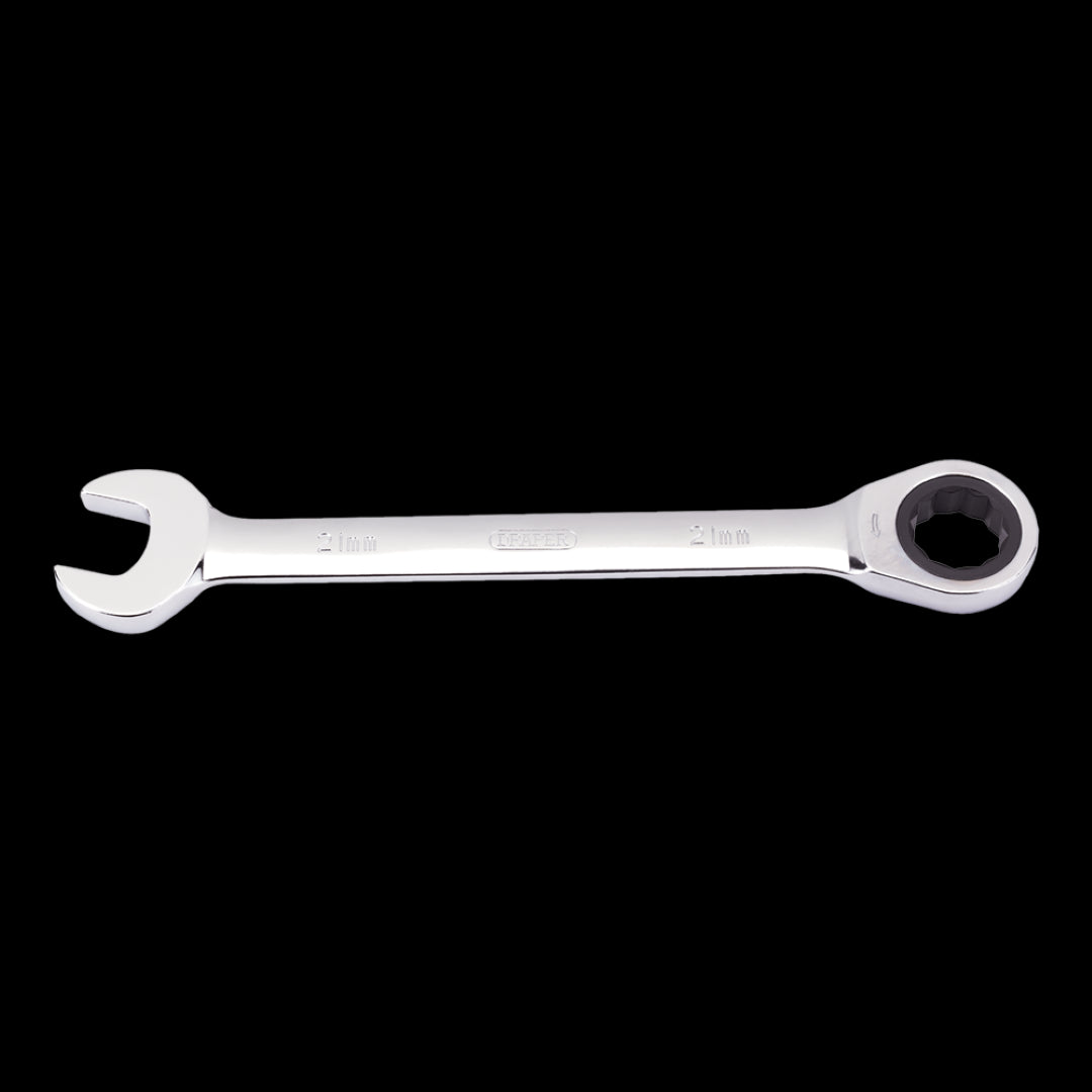 DRAPER 21mm Ratcheting Combination Spanner: durable chrome vanadium steel, ergonomic design, ideal for tight spaces and efficient fastening.