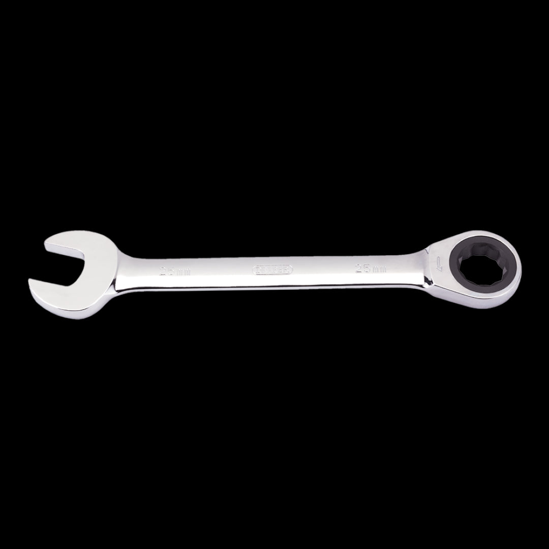 DRAPER 25mm Ratcheting Combination Spanner with chrome vanadium steel and 72-tooth mechanism for efficient use in tight spaces.