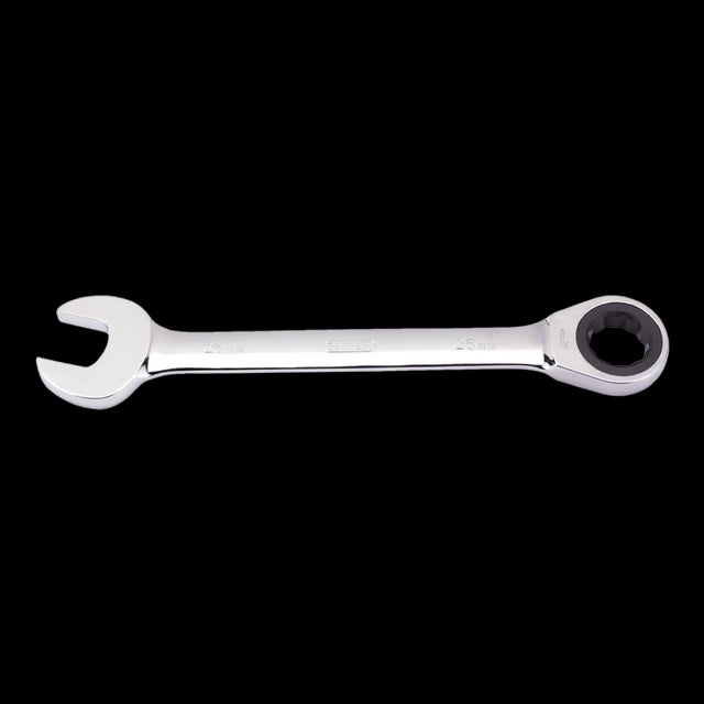 DRAPER 25mm Ratcheting Combination Spanner with chrome vanadium steel and 72-tooth mechanism for efficient use in tight spaces.