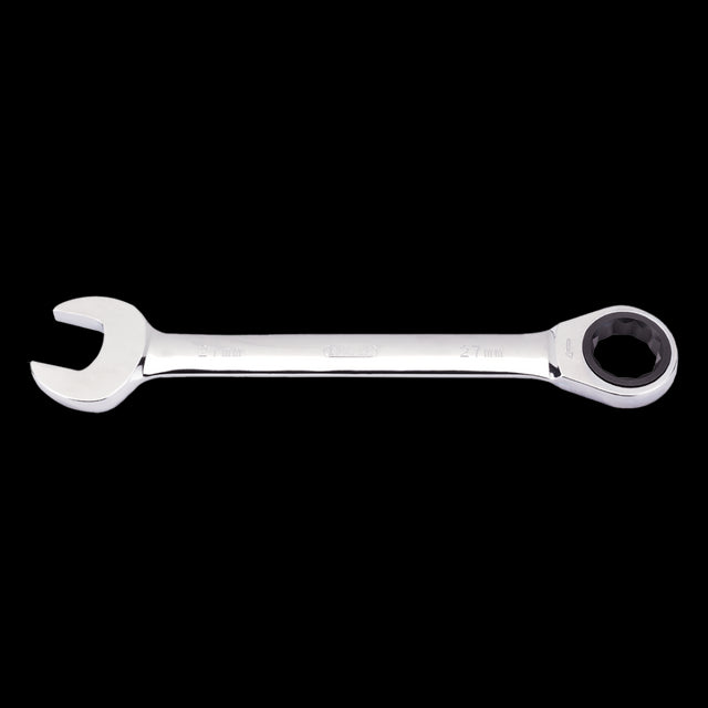 DRAPER 27mm Ratcheting Combination Spanner, durable chrome vanadium steel, ideal for mechanics and DIY projects.