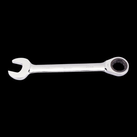 DRAPER 30mm Ratcheting Combination Spanner with chrome vanadium steel, ergonomic grip, and 12-point offset design for efficient mechanical work.