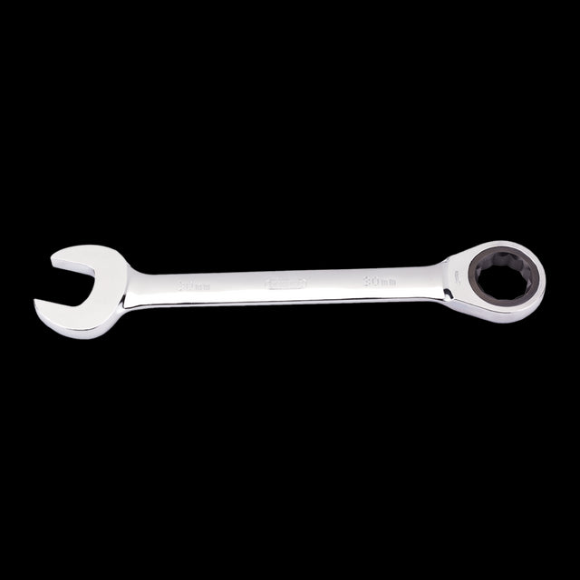 DRAPER 30mm Ratcheting Combination Spanner with chrome vanadium steel, ergonomic grip, and 12-point offset design for efficient mechanical work.