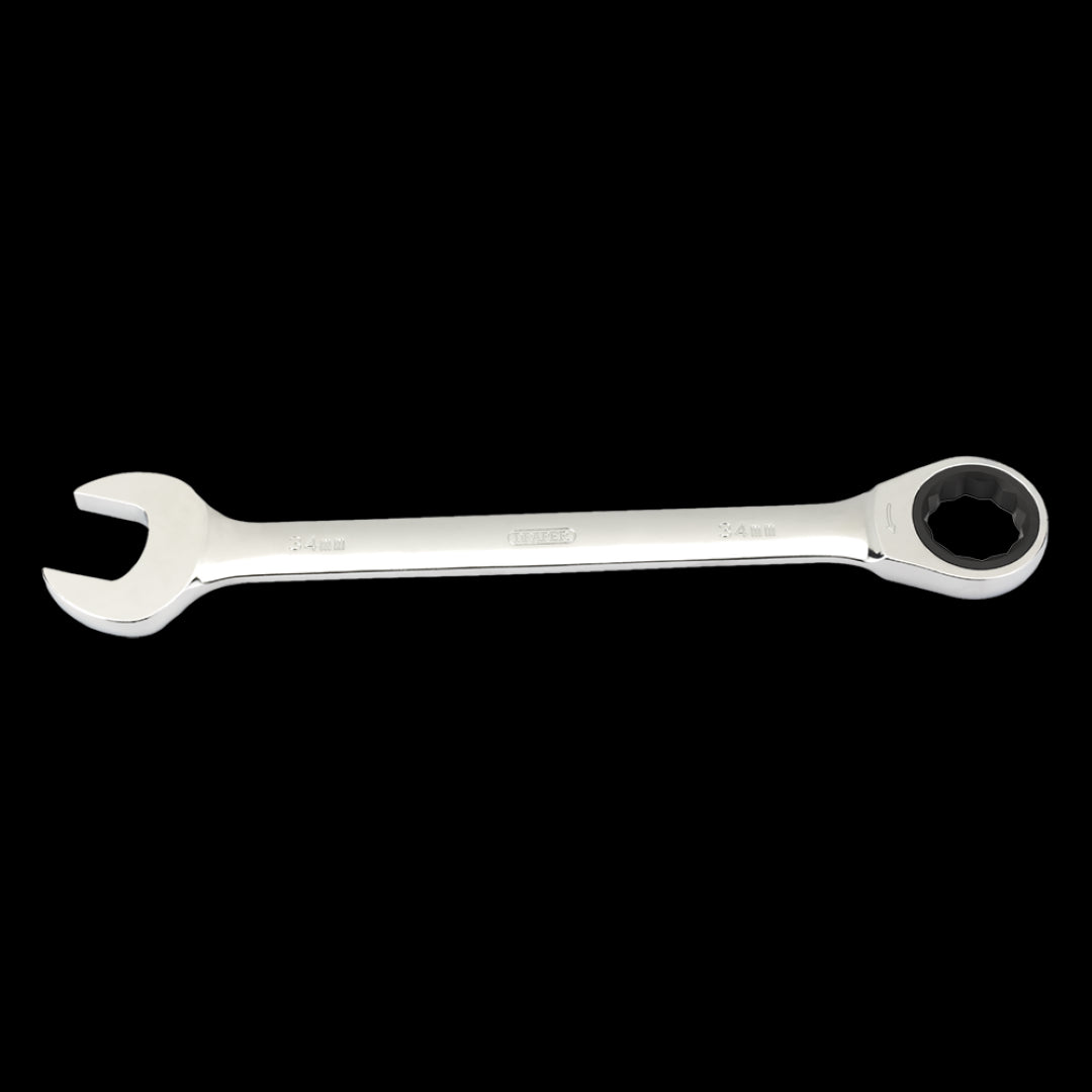 DRAPER 34mm Ratcheting Combination Spanner with durable chrome vanadium steel and a 12-point ratchet head for efficient use.