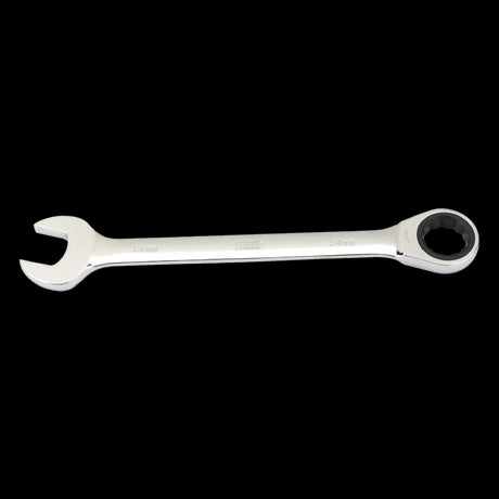 DRAPER 34mm Ratcheting Combination Spanner with durable chrome vanadium steel and a 12-point ratchet head for efficient use.