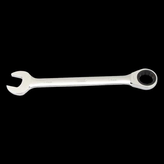 DRAPER 34mm Ratcheting Combination Spanner with durable chrome vanadium steel and a 12-point ratchet head for efficient use.