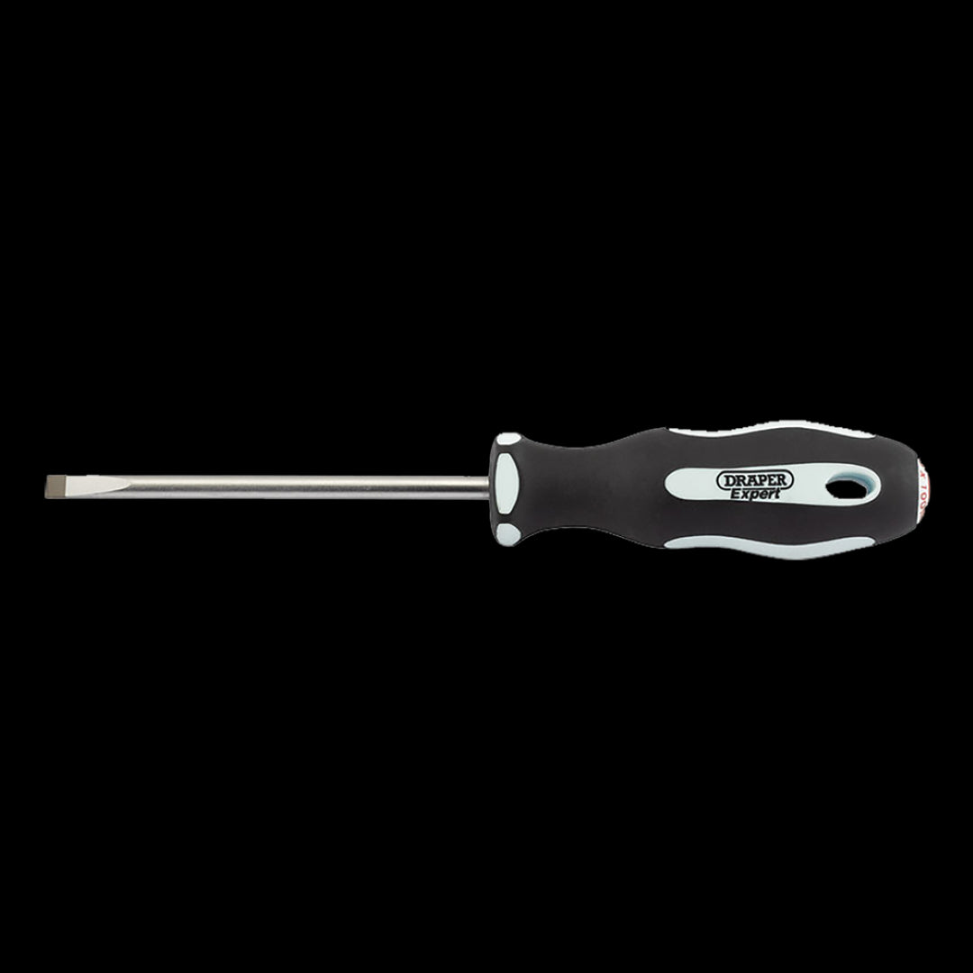 DRAPER Ergo Screwdriver with 100mm blade, 5.5mm width, features ergonomic handle and satin chrome finish for precision and comfort.