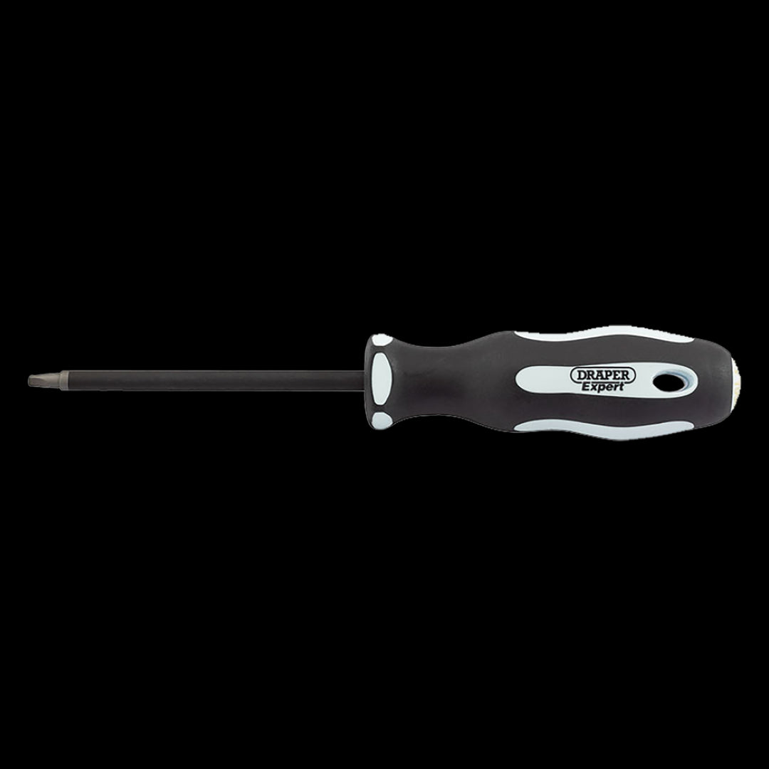 DRAPER Ergo Screwdriver with 100mm SVCM blade, ergonomic handle, and sand-blasted tip for superior grip and comfort.