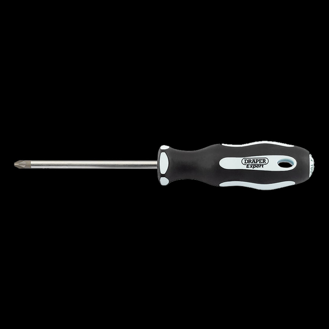 DRAPER Ergo Screwdriver (100mm x PZ2) with ergonomic handle, durable SVCM blade, and sand blasted tips for optimal grip.