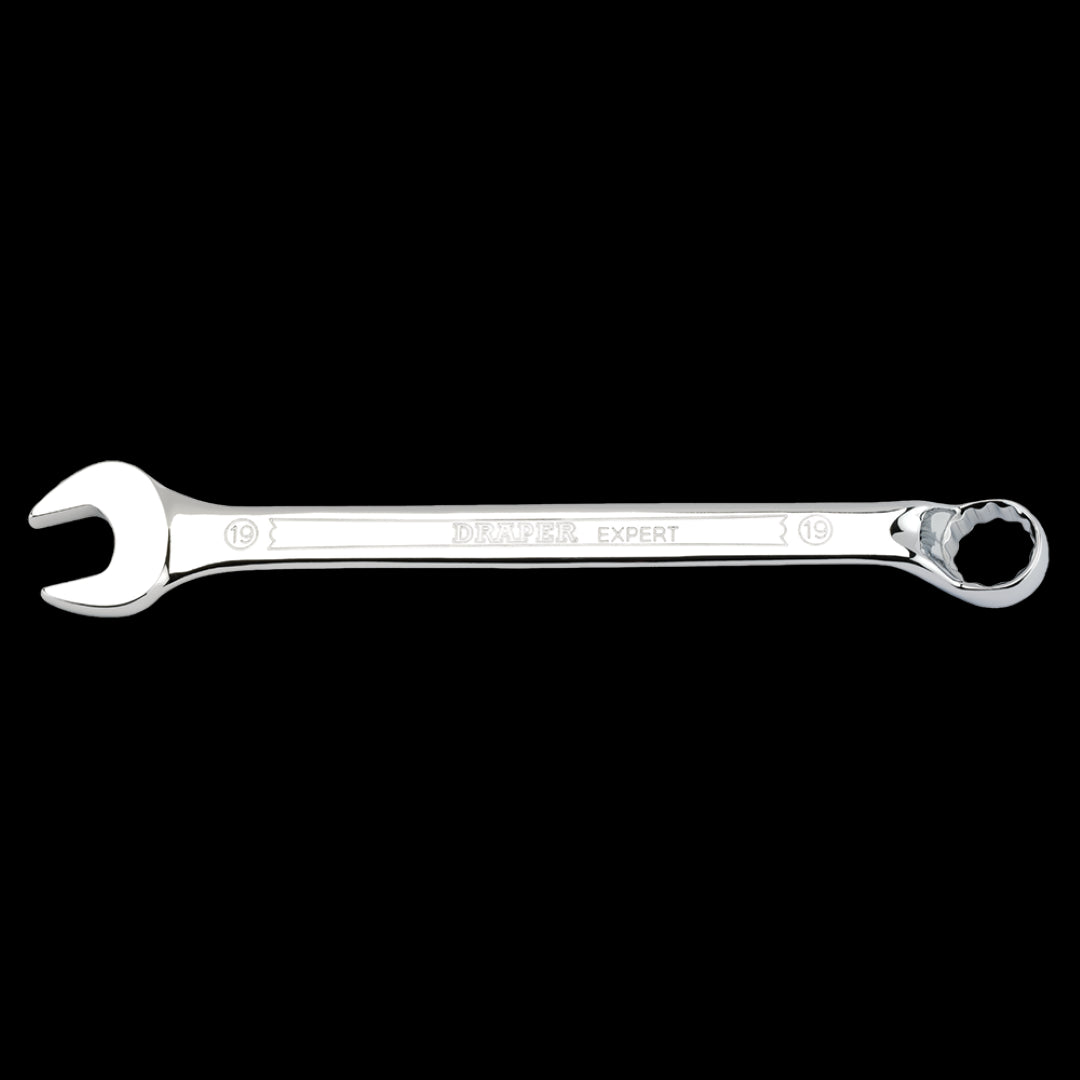 DRAPER 19mm Hi-Torq Ring & Open End Spanner, durable chrome vanadium steel tool for automotive and plumbing tasks.